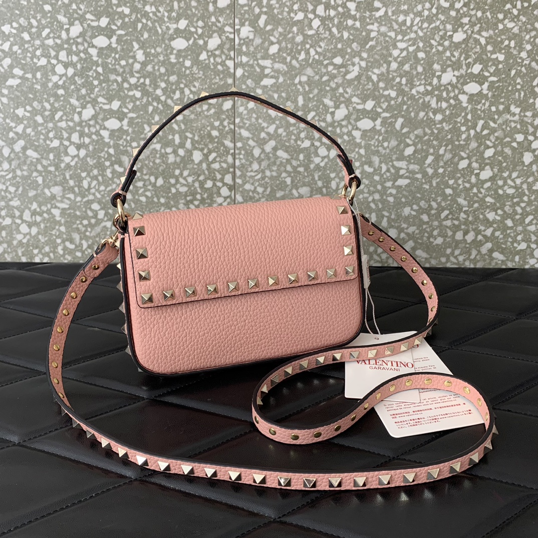 Valentino Garavani Rockstud Small Shoulder Bag in Nude Pink Grainy Calfskin